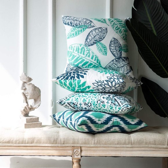 Four Decorative Throw Pillow Cushion Cover, Cyan - Picture 5 of 16